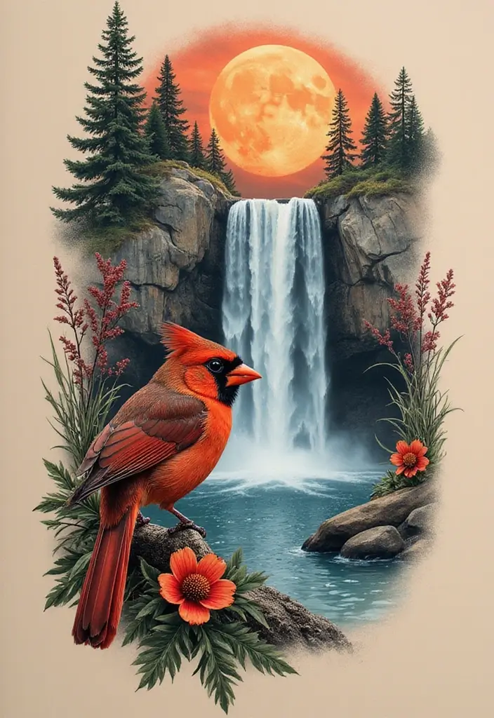 50 Cardinal Tattoo Ideas with Symbolism and Beautiful Designs - 46. Cardinal with a Waterfall