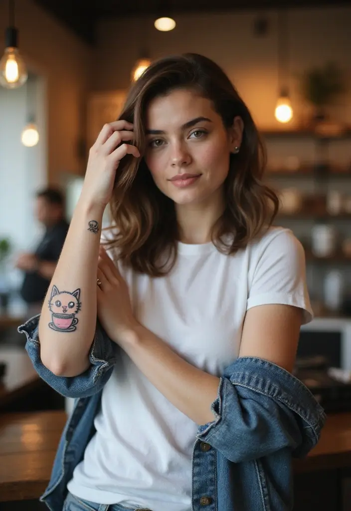 50 Creative Cat Tattoo Ideas for Every Style - 46. Cat with a Coffee Cup
