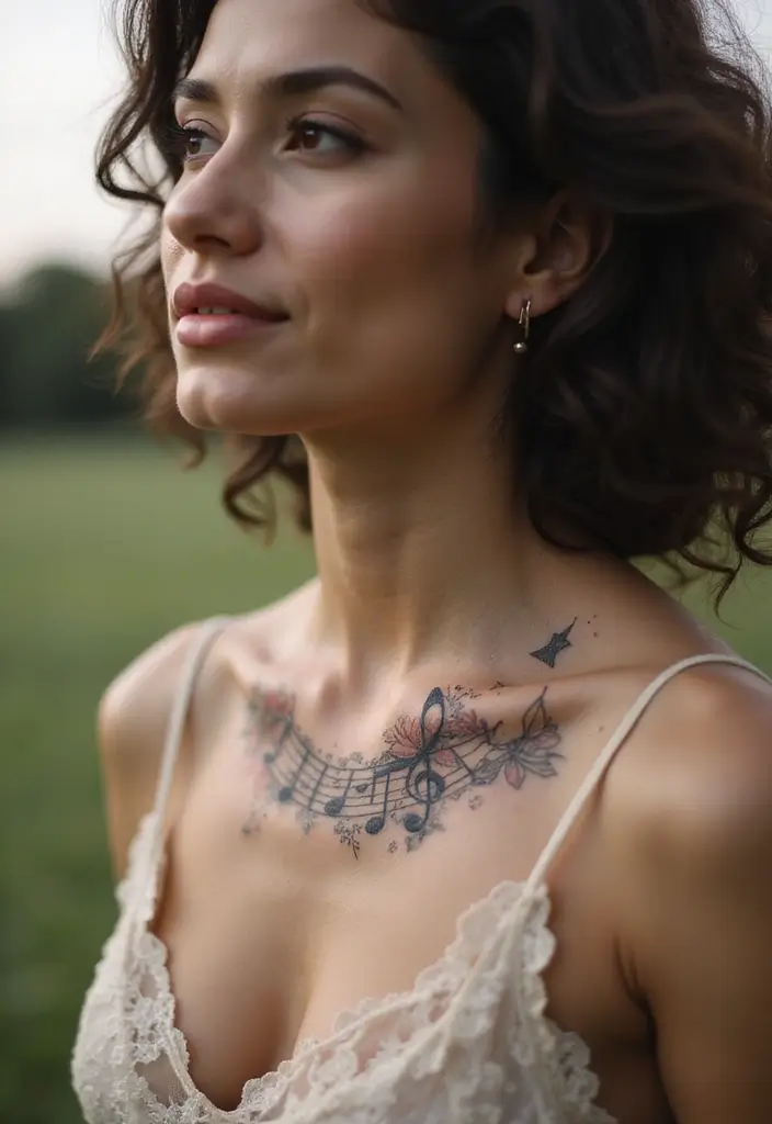 50 Elegant Collarbone Tattoo Ideas for Women 46 50 Elegant Collarbone Tattoo Ideas for Women - 46. Music Notes