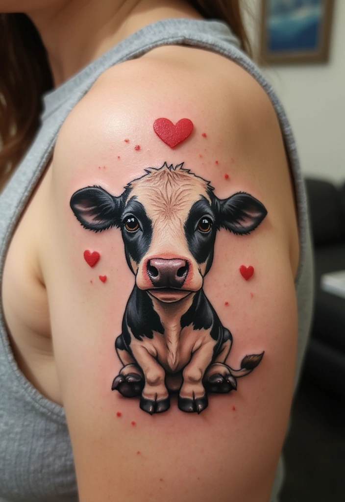 50 Cow Tattoo Designs with Fun and Unique Symbolism - 46. Cow with Childhood Memories