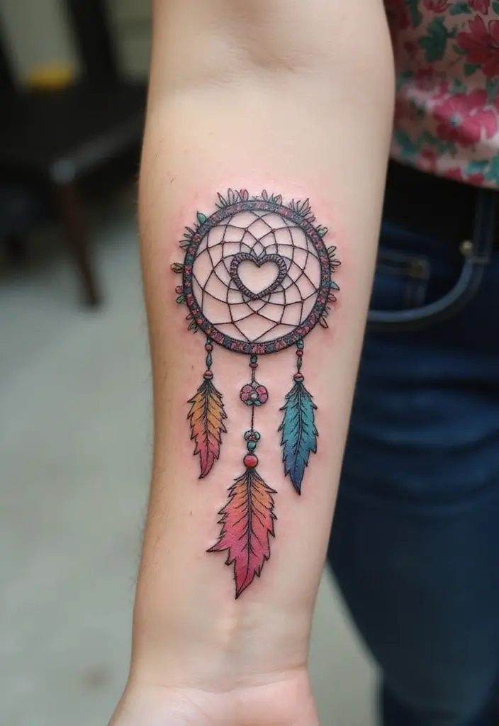50 Dreamcatcher Tattoo Ideas with Cultural Symbolism 46 50 Dreamcatcher Tattoo Ideas with Cultural Symbolism - 46. Dreamcatcher with a Heart Shaped Web