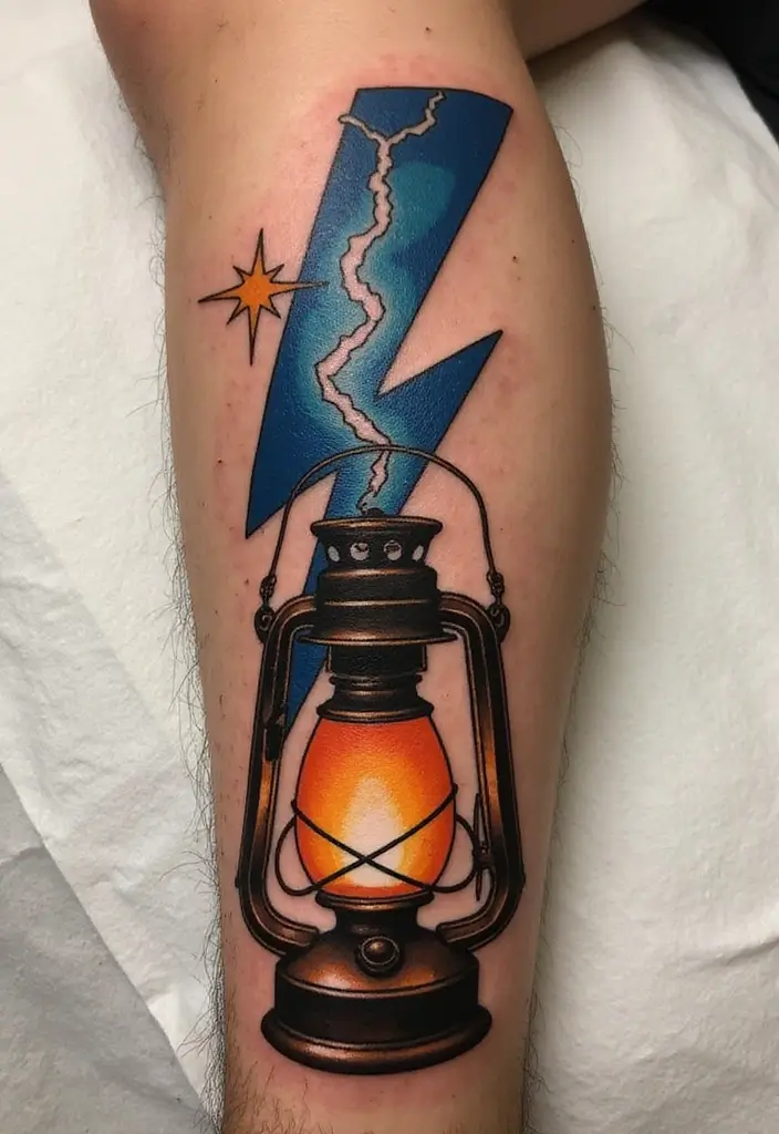 50 Lightning Bolt Tattoos with Bold and Striking Designs 46 50 Lightning Bolt Tattoos with Bold and Striking Designs - 46. Lightning Bolt with a Lantern