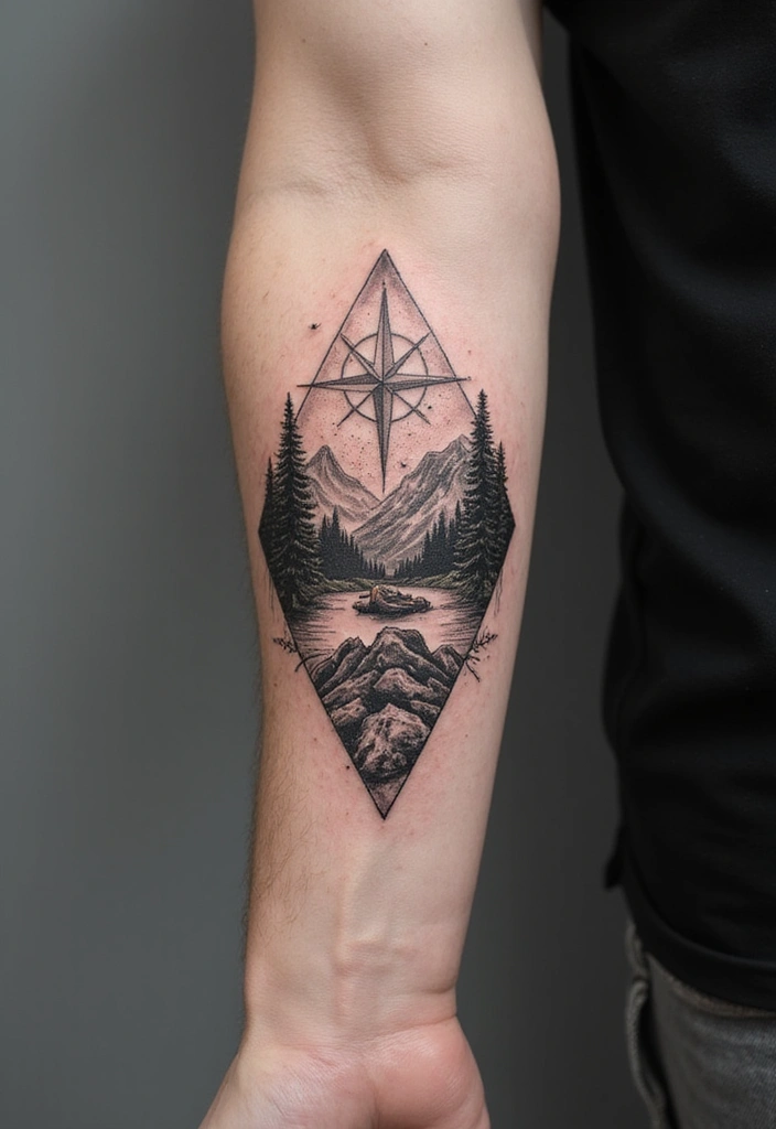 50 Mountain Tattoo Ideas with Powerful and Minimalist Designs 46 50 Mountain Tattoo Ideas with Powerful and Minimalist Designs - 46. Mountain and Compass Rose Tattoo