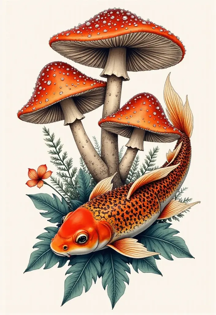 50 Unique Mushroom Tattoo Ideas That'll Leave You Inspired and Curious About Their Symbolism! 46 50 Unique Mushroom Tattoo Ideas That'll Leave You Inspired and Curious About Their Symbolism! - 46. Mushrooms with Koi Fish