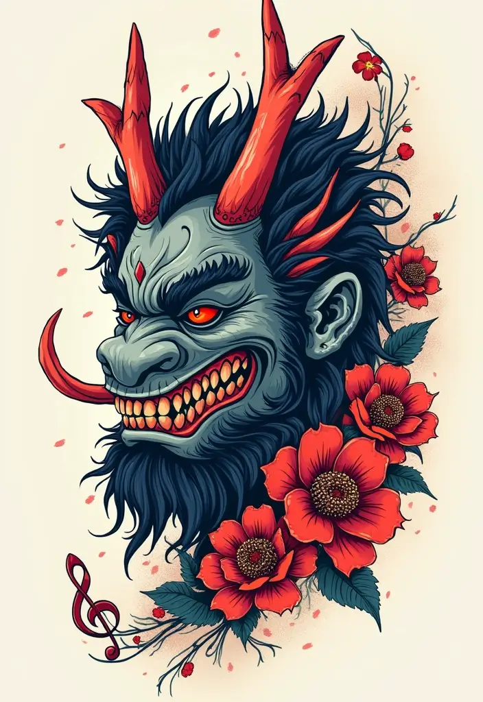 50 Oni Tattoo Designs with Powerful Japanese Symbolism 46 50 Oni Tattoo Designs with Powerful Japanese Symbolism - 46. Oni with a Musical Note