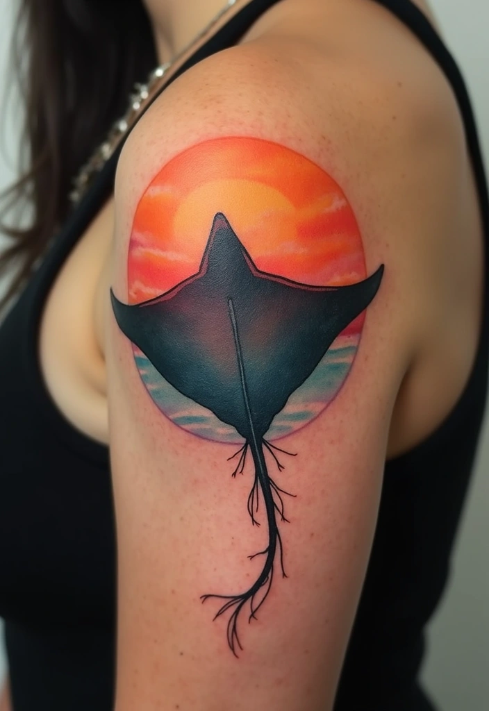 50 Stingray Tattoo Designs and Their Symbolic Meanings - 46. Stingray Silhouette with Sunset