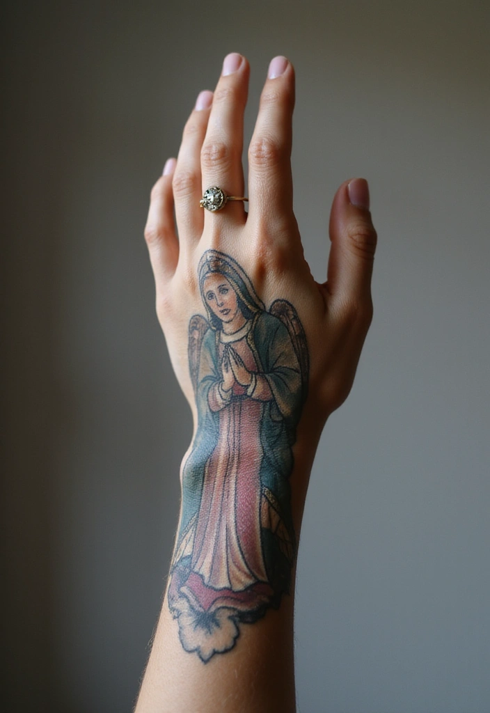 50 Virgin Mary Hand Tattoos with Spiritual and Artistic Designs - 46. Virgin Mary as a Guardian Angel