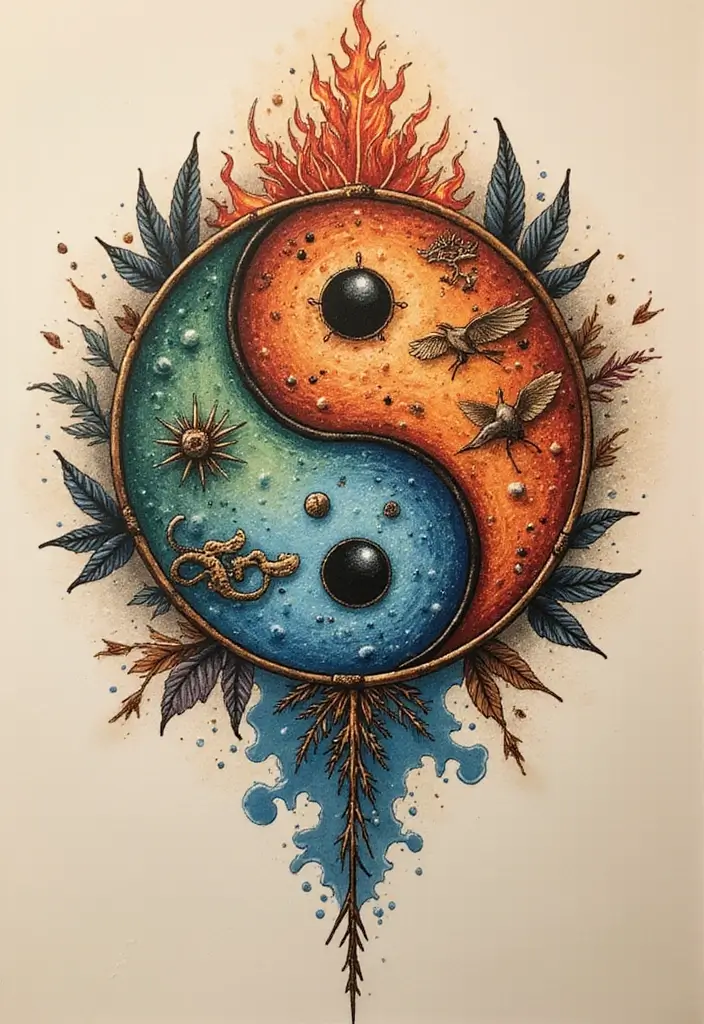 50 Yin Yang Tattoo Ideas with Balance and Harmony Symbolism - 46. Yin Yang with Elemental Symbols