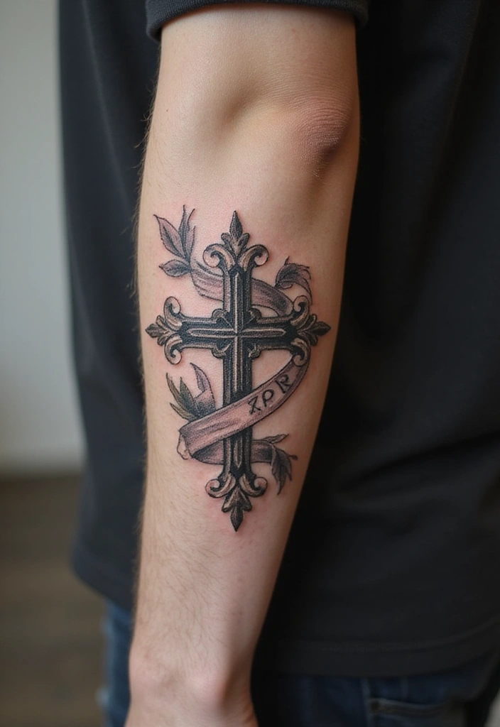 50 Cross Tattoo Ideas for Men and Women with Deep Meaning - 47. Cross with a Banner