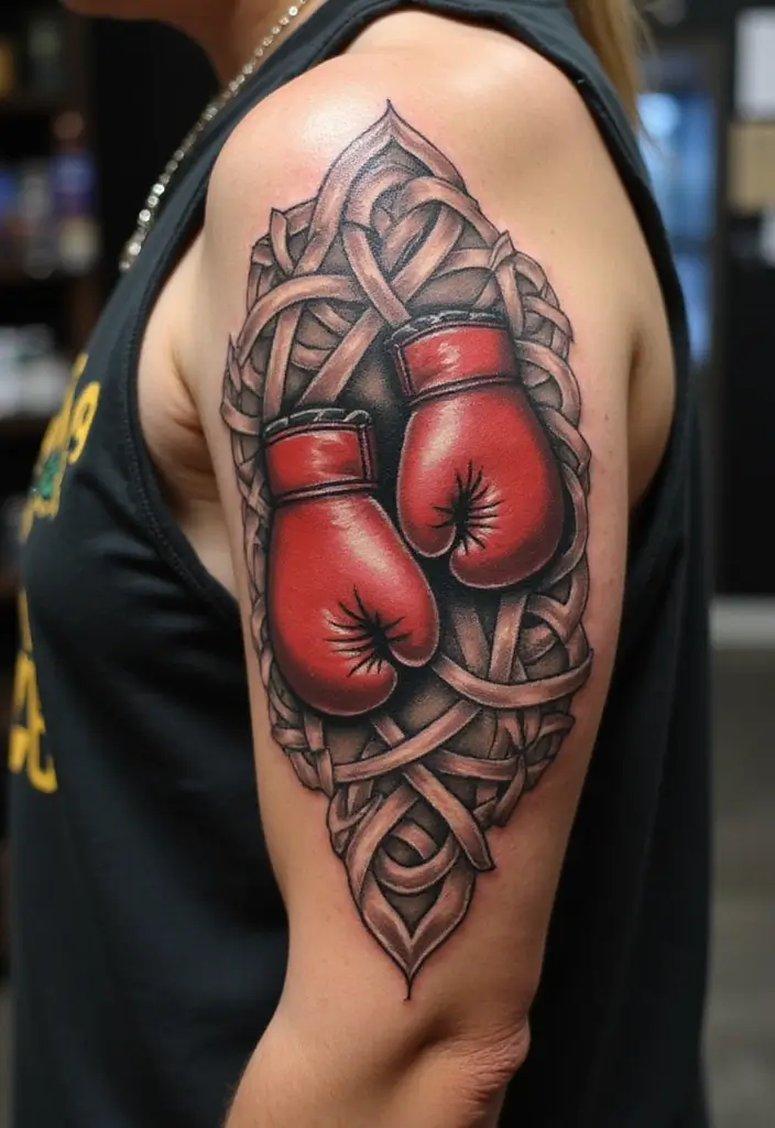 50 Boxing Gloves Tattoo Designs That Embody Strength and Courage! 47 50 Boxing Gloves Tattoo Designs That Embody Strength and Courage! - 47. Boxing Gloves with Celtic Knots