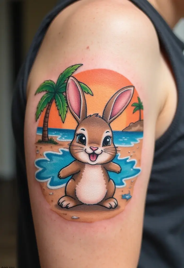 50 Bunny Tattoo Meaning Inspirations for Cute and Creative Designs - 47. Bunny with a Beach Scene