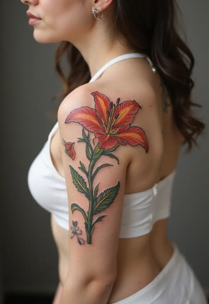 50 Stargazer Lily Tattoos with Elegant and Symbolic Designs 47 50 Stargazer Lily Tattoos with Elegant and Symbolic Designs - 47. Tattoo and Piercing Combination