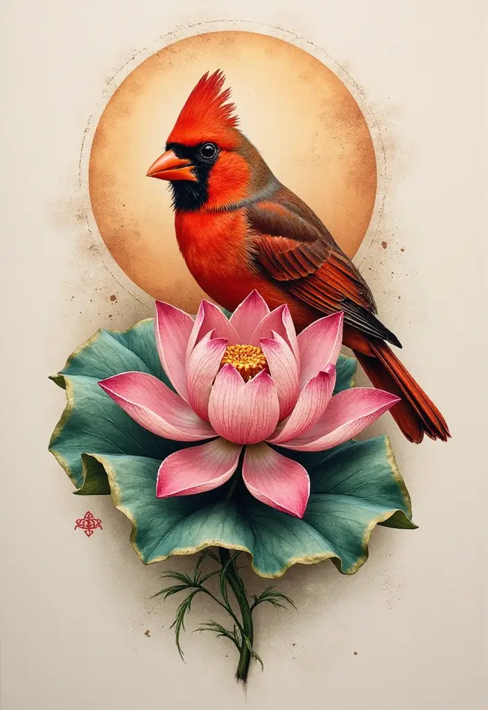 50 Cardinal Tattoo Ideas with Symbolism and Beautiful Designs - 47. Cardinal with a Lotus