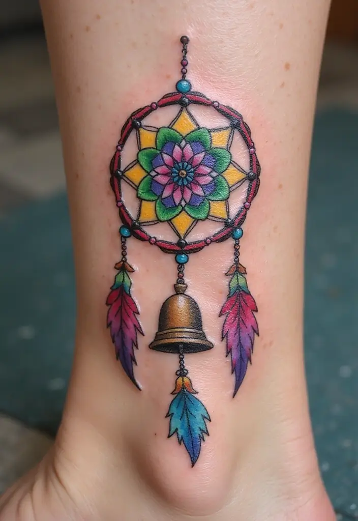 50 Dreamcatcher Tattoo Ideas with Cultural Symbolism 47 50 Dreamcatcher Tattoo Ideas with Cultural Symbolism - 47. Dreamcatcher with a Bell