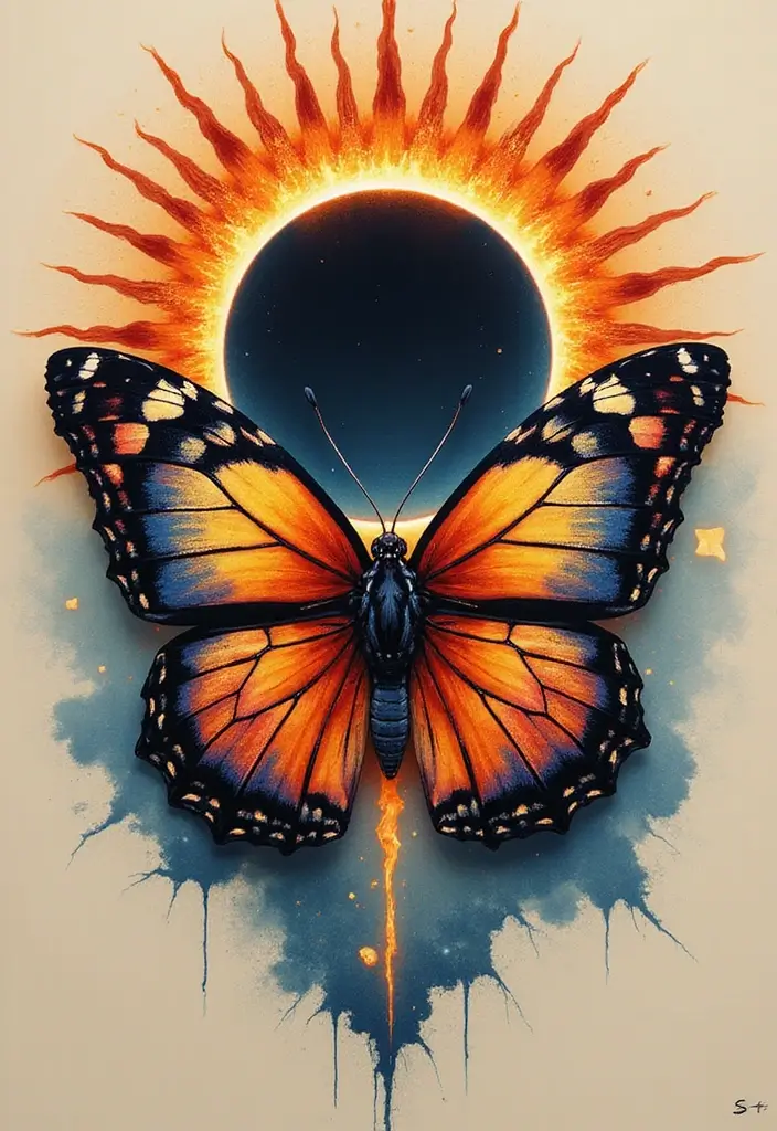 50 Eclipse Tattoo Designs with Powerful Meaning and Symbolism - 47. Eclipse with a Butterfly