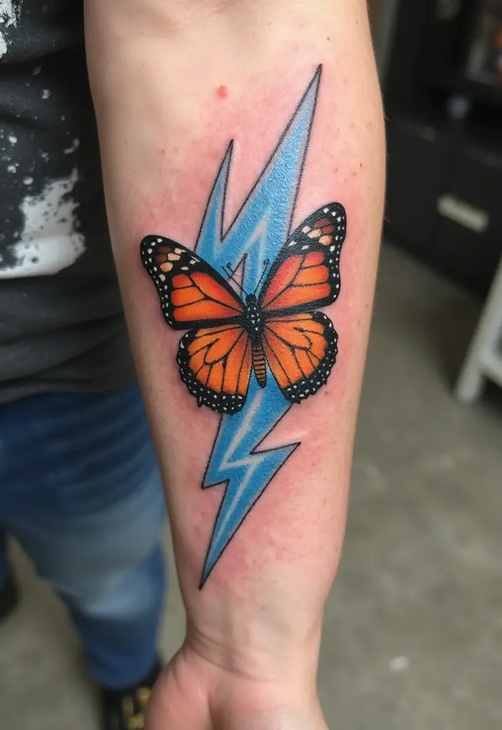 50 Lightning Bolt Tattoos with Bold and Striking Designs 47 50 Lightning Bolt Tattoos with Bold and Striking Designs - 47. Lightning Bolt with a Butterfly