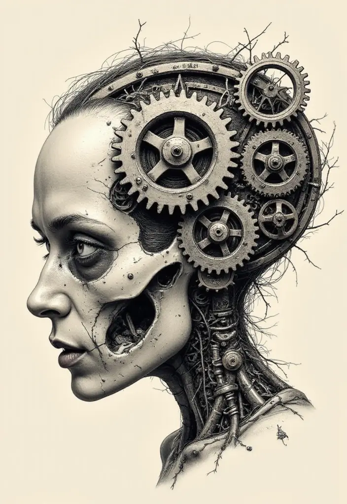50 Shrunken Head Tattoo Designs for Bold and Edgy Styles - 47. Mechanical Elements