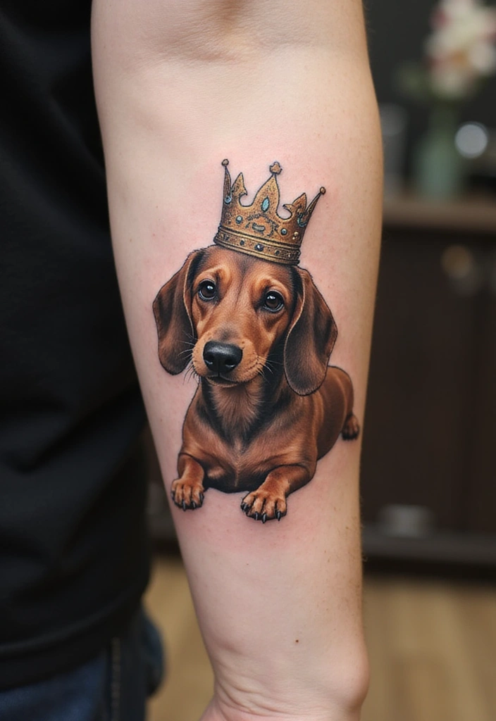 50 Small Wiener Dog Tattoos with Cute and Minimalist Designs - 47. Elegant Dog with a Crown