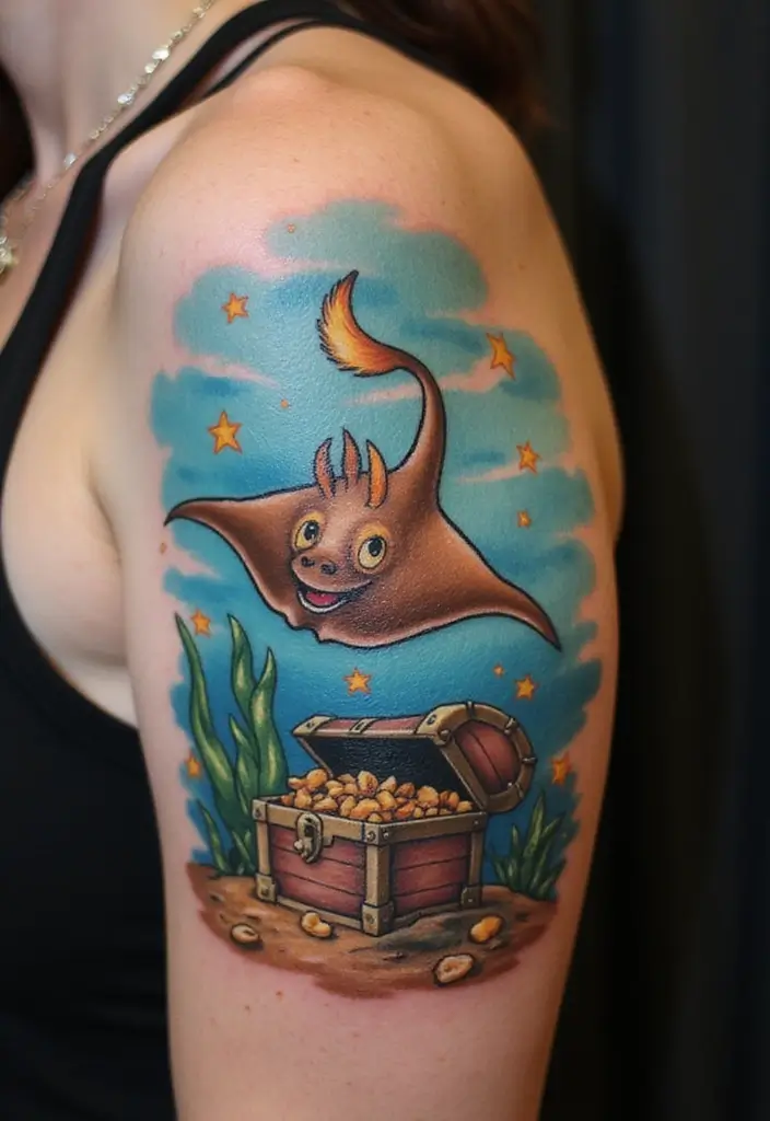 50 Stingray Tattoo Designs and Their Symbolic Meanings - 47. Stingray with a Treasure Chest