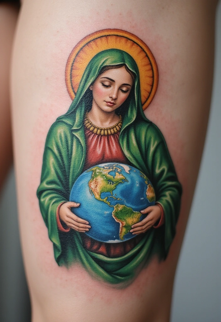 50 Virgin Mary Hand Tattoos with Spiritual and Artistic Designs - 47. Virgin Mary Holding a Globe
