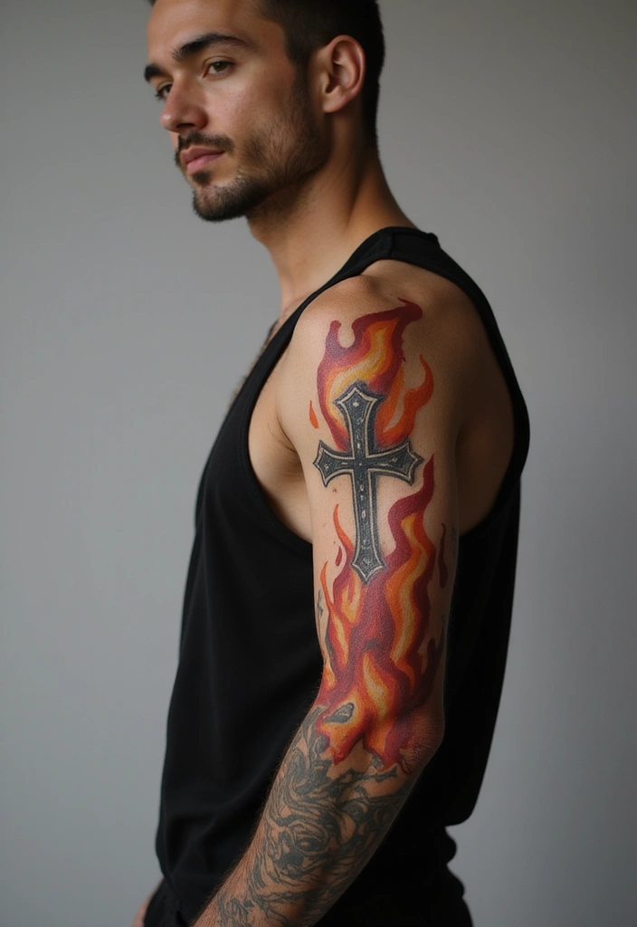50 Cross Tattoo Ideas for Men and Women with Deep Meaning - 48. Cross with Fire