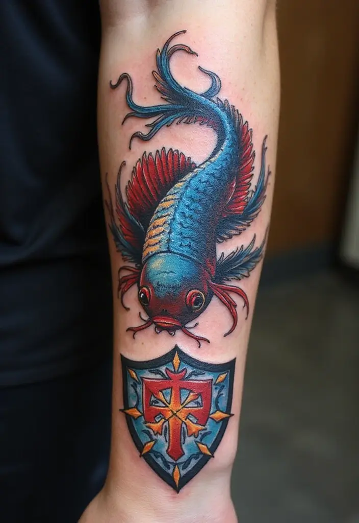 50 Betta Fish Tattoo Ideas with Unique and Colorful Designs 48 50 Betta Fish Tattoo Ideas with Unique and Colorful Designs - 48. Betta Fish with a Shield