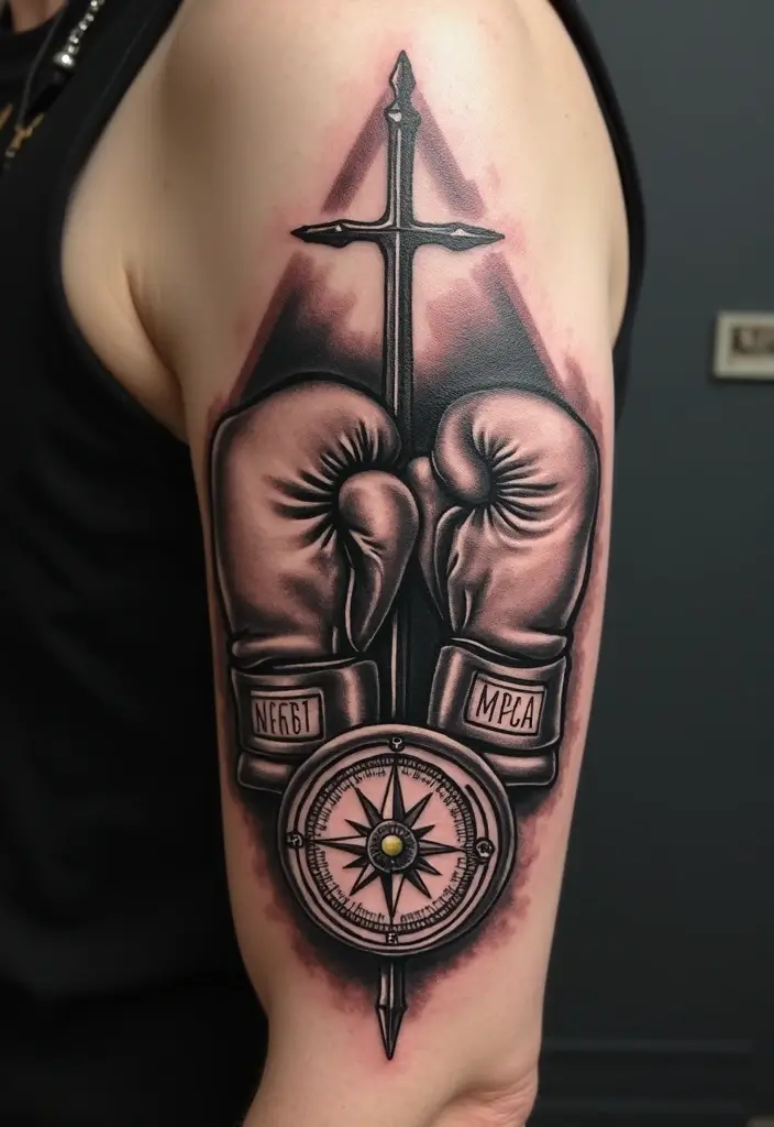 50 Boxing Gloves Tattoo Designs That Embody Strength and Courage! 48 50 Boxing Gloves Tattoo Designs That Embody Strength and Courage! - 48. Boxing Gloves with a Compass