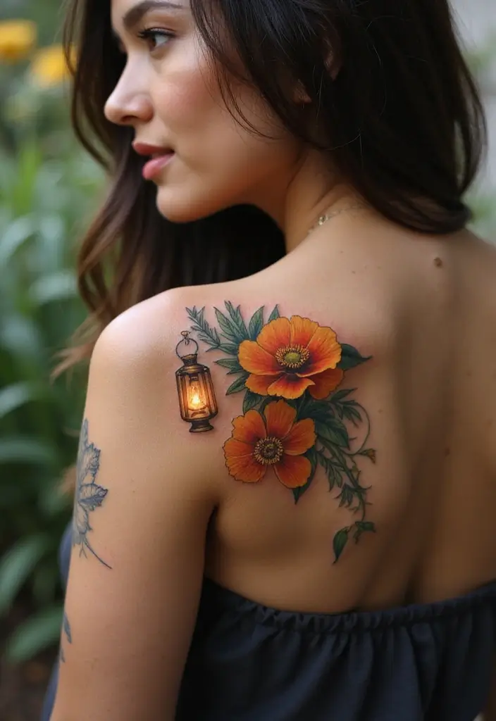 50 California Poppy Tattoo Ideas with Symbolism and Beauty - 48. California Poppy with a Lantern