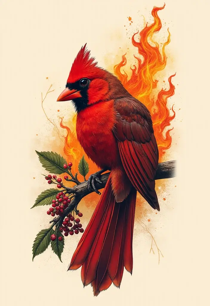 50 Cardinal Tattoo Ideas with Symbolism and Beautiful Designs - 48. Cardinal with a Fire