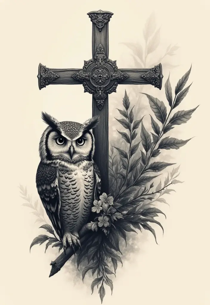 50 Cross Tattoo Meaning Inspirations and Symbolism Explained - 50. The Cross and an Owl: Wisdom and Faith
