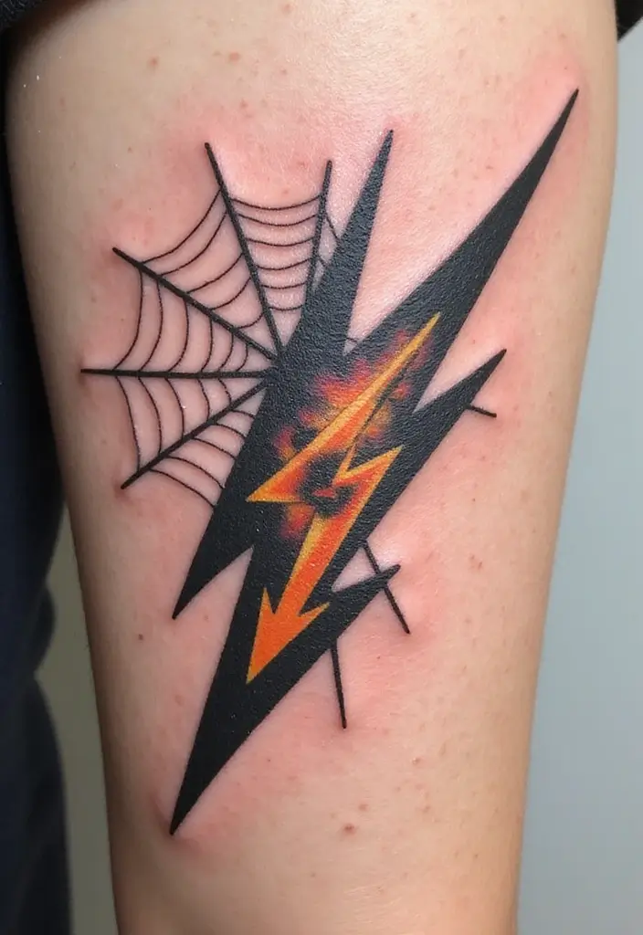 50 Lightning Bolt Tattoos with Bold and Striking Designs 48 50 Lightning Bolt Tattoos with Bold and Striking Designs - 48. Lightning Bolt with a Spiderweb