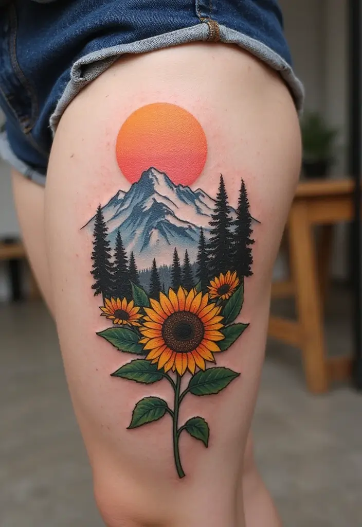 50 Mountain Tattoo Ideas with Powerful and Minimalist Designs 48 50 Mountain Tattoo Ideas with Powerful and Minimalist Designs - 48. Mountain with a Sunflower