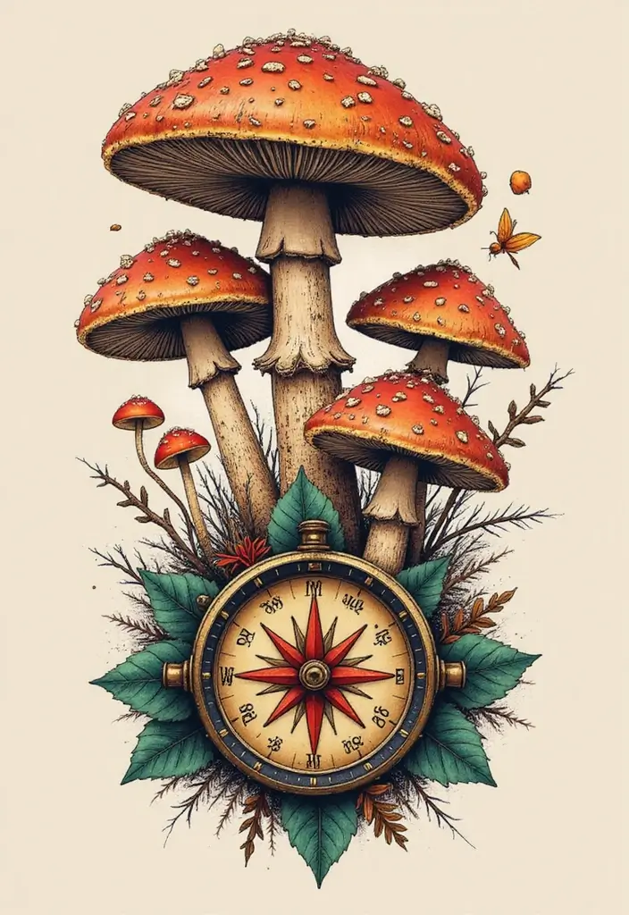 50 Unique Mushroom Tattoo Ideas That'll Leave You Inspired and Curious About Their Symbolism! 48 50 Unique Mushroom Tattoo Ideas That'll Leave You Inspired and Curious About Their Symbolism! - 48. Mushrooms with a Compass