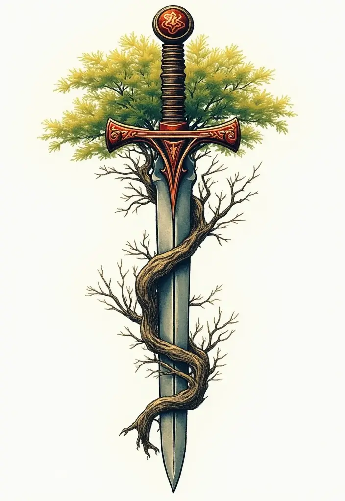 50 Sword Tattoo Designs and Symbolism to Inspire Your Next Ink 48 50 Sword Tattoo Designs and Symbolism to Inspire Your Next Ink - 48. Sword with a Tree