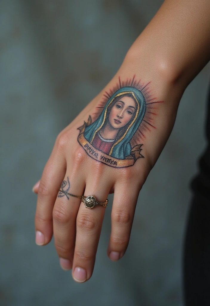 50 Virgin Mary Hand Tattoos with Spiritual and Artistic Designs - 48. Virgin Mary with a Banner