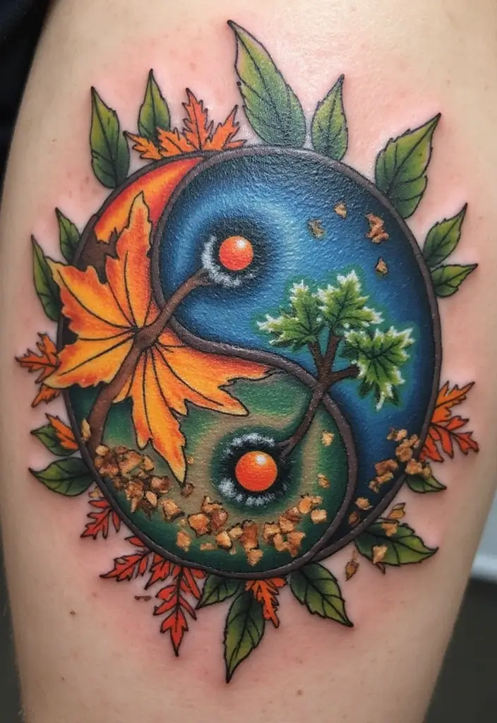 50 Yin Yang Tattoo Ideas with Balance and Harmony Symbolism - 48. Yin Yang with Nature’s Cycles