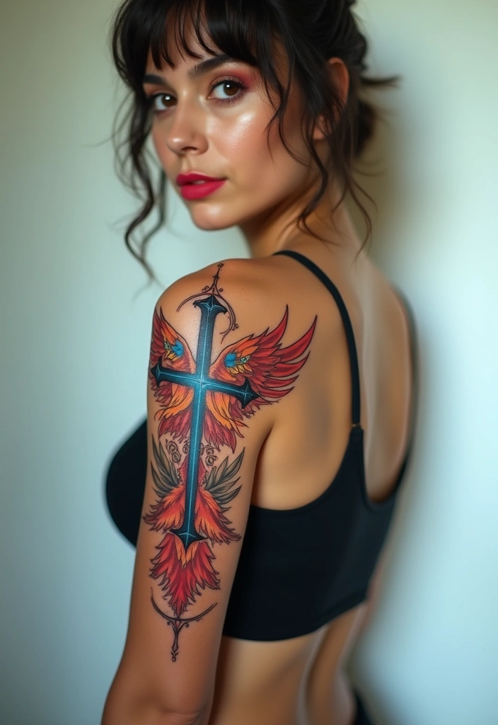 50 Cross Tattoo Ideas for Men and Women with Deep Meaning - 49. Cross with a Phoenix