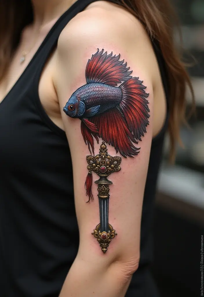 50 Betta Fish Tattoo Ideas with Unique and Colorful Designs 49 50 Betta Fish Tattoo Ideas with Unique and Colorful Designs - 49. Betta Fish with a Scepter