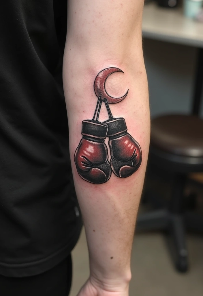 50 Boxing Gloves Tattoo Designs That Embody Strength and Courage! 49 50 Boxing Gloves Tattoo Designs That Embody Strength and Courage! - 49. Boxing Gloves with the Moon