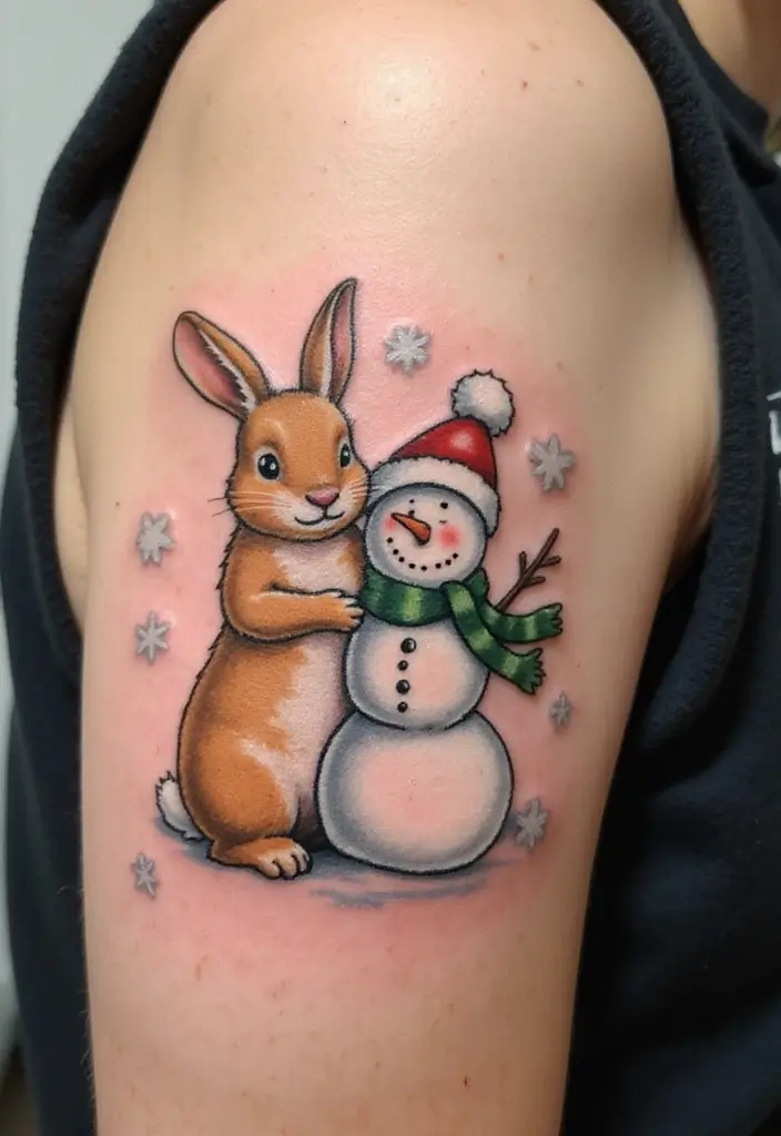 50 Bunny Tattoo Meaning Inspirations for Cute and Creative Designs - 49. Bunny with a Snowman