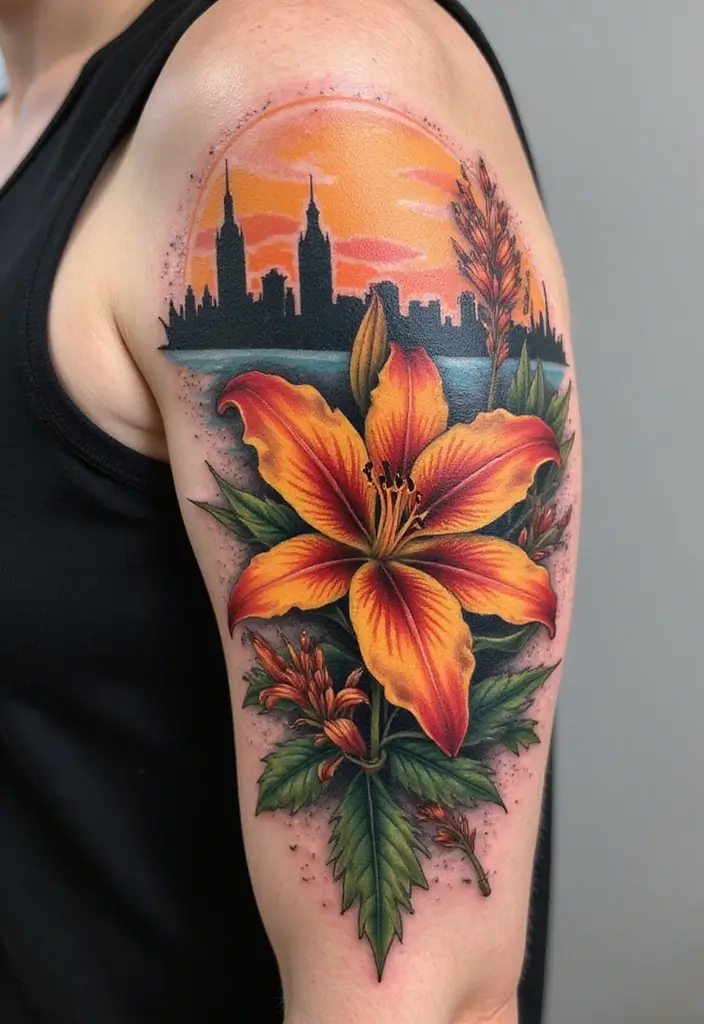 50 Stargazer Lily Tattoos with Elegant and Symbolic Designs 49 50 Stargazer Lily Tattoos with Elegant and Symbolic Designs - 49. Merged with Landscapes