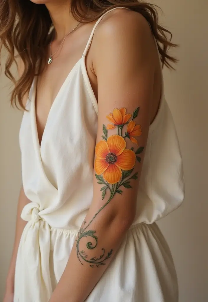 50 California Poppy Tattoo Ideas with Symbolism and Beauty - 49. California Poppy with a Spiral