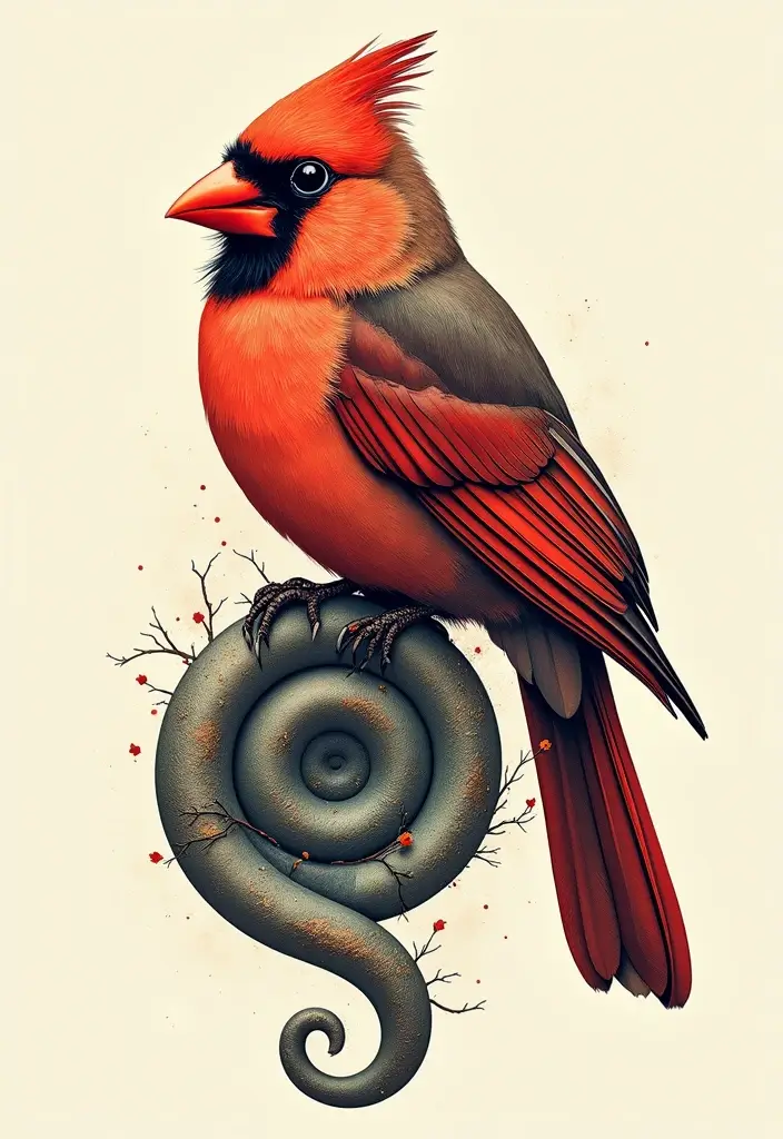 50 Cardinal Tattoo Ideas with Symbolism and Beautiful Designs - 49. Cardinal with a Spiral