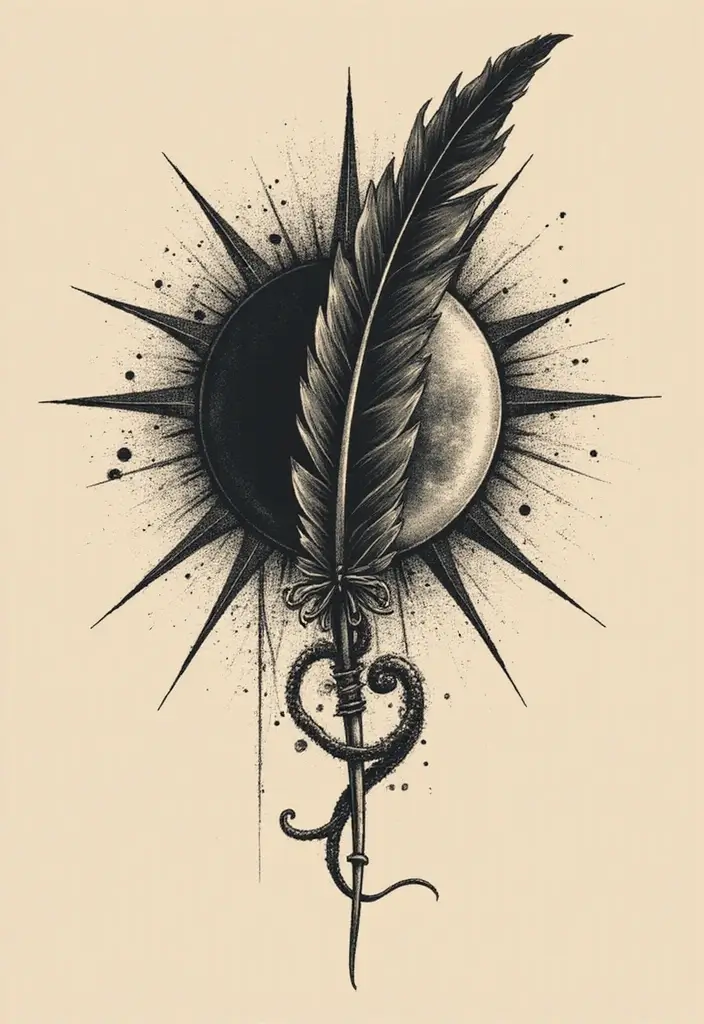 50 Eclipse Tattoo Designs with Powerful Meaning and Symbolism - 49. Eclipse with a Feather Quill