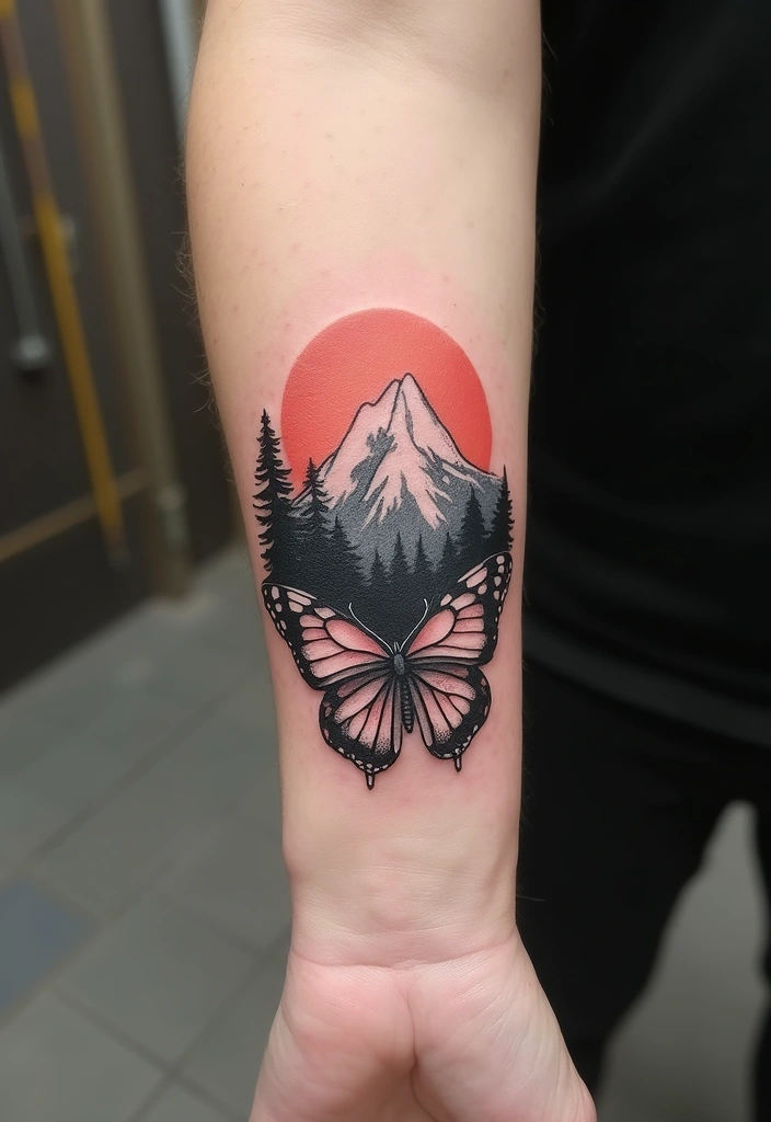 50 Mountain Tattoo Ideas with Powerful and Minimalist Designs 49 50 Mountain Tattoo Ideas with Powerful and Minimalist Designs - 49. Mountain with a Butterfly