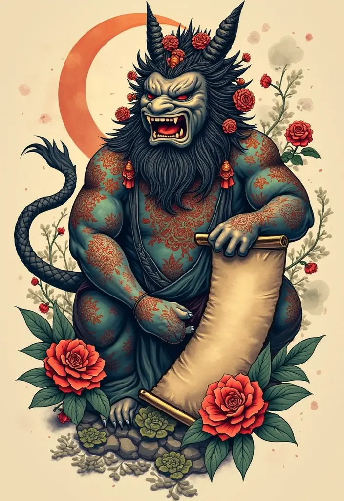 50 Oni Tattoo Designs with Powerful Japanese Symbolism 49 50 Oni Tattoo Designs with Powerful Japanese Symbolism - 49. Oni with a Scroll