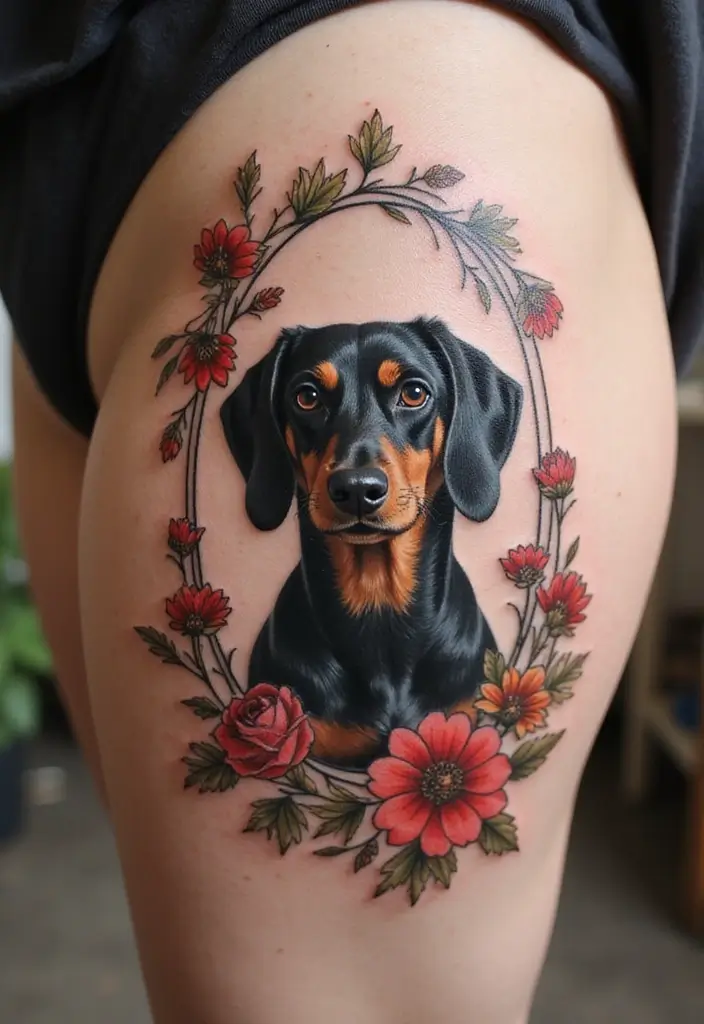 50 Small Wiener Dog Tattoos with Cute and Minimalist Designs - 49. Elegant Floral Frame