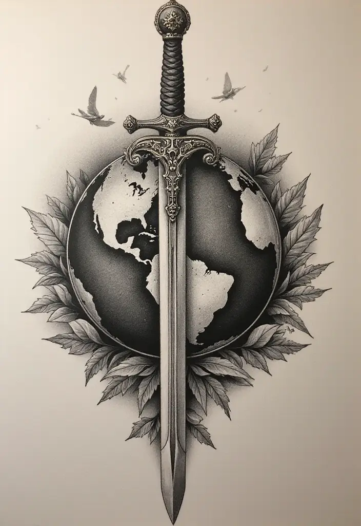 50 Sword Tattoo Designs and Symbolism to Inspire Your Next Ink 49 50 Sword Tattoo Designs and Symbolism to Inspire Your Next Ink - 49. Sword with a Globe