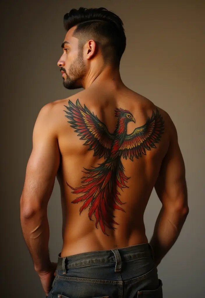 30 Back Tattoo Ideas for Men with Bold and Powerful Designs 4 30 Back Tattoo Ideas for Men with Bold and Powerful Designs - 4. Phoenix Rising