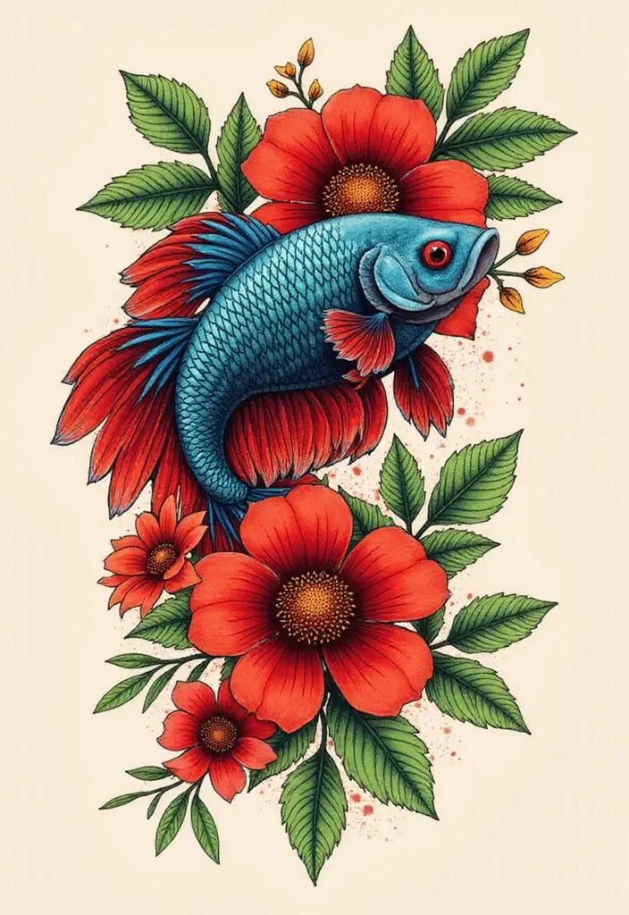 50 Betta Fish Tattoo Ideas with Unique and Colorful Designs 4 50 Betta Fish Tattoo Ideas with Unique and Colorful Designs - 4. Betta Fish with Floral Accents